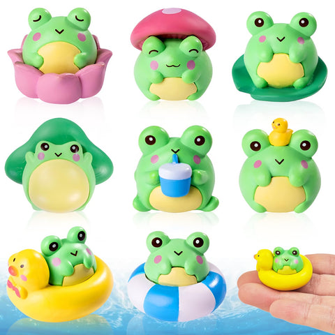 Mini resin frog figurines with mushroom design, ideal for fairy gardens and desk decor.