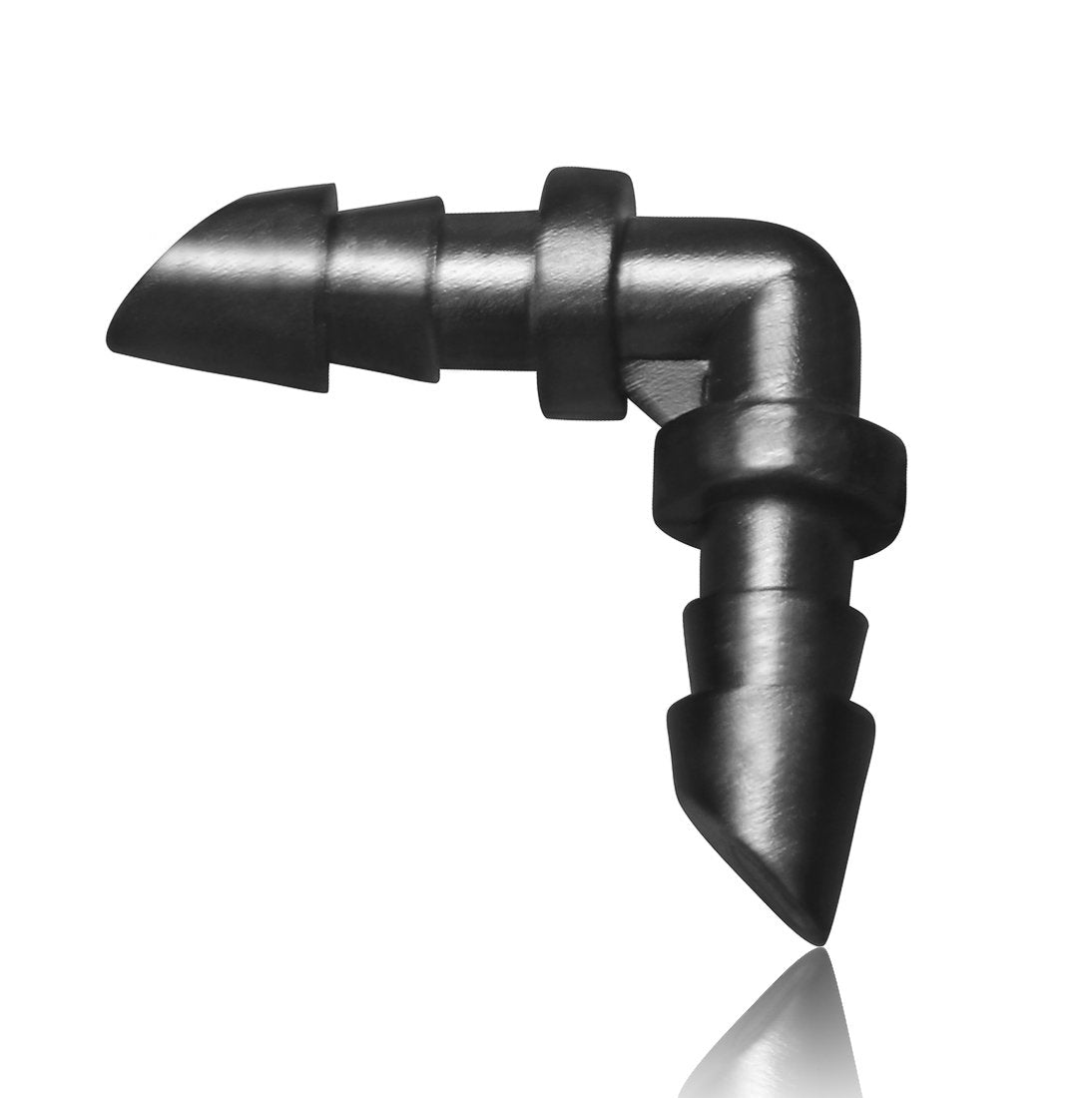 Mini Skater 1/4-inch barbed elbow fitting connects 1/4-inch tubing for reliable irrigation.