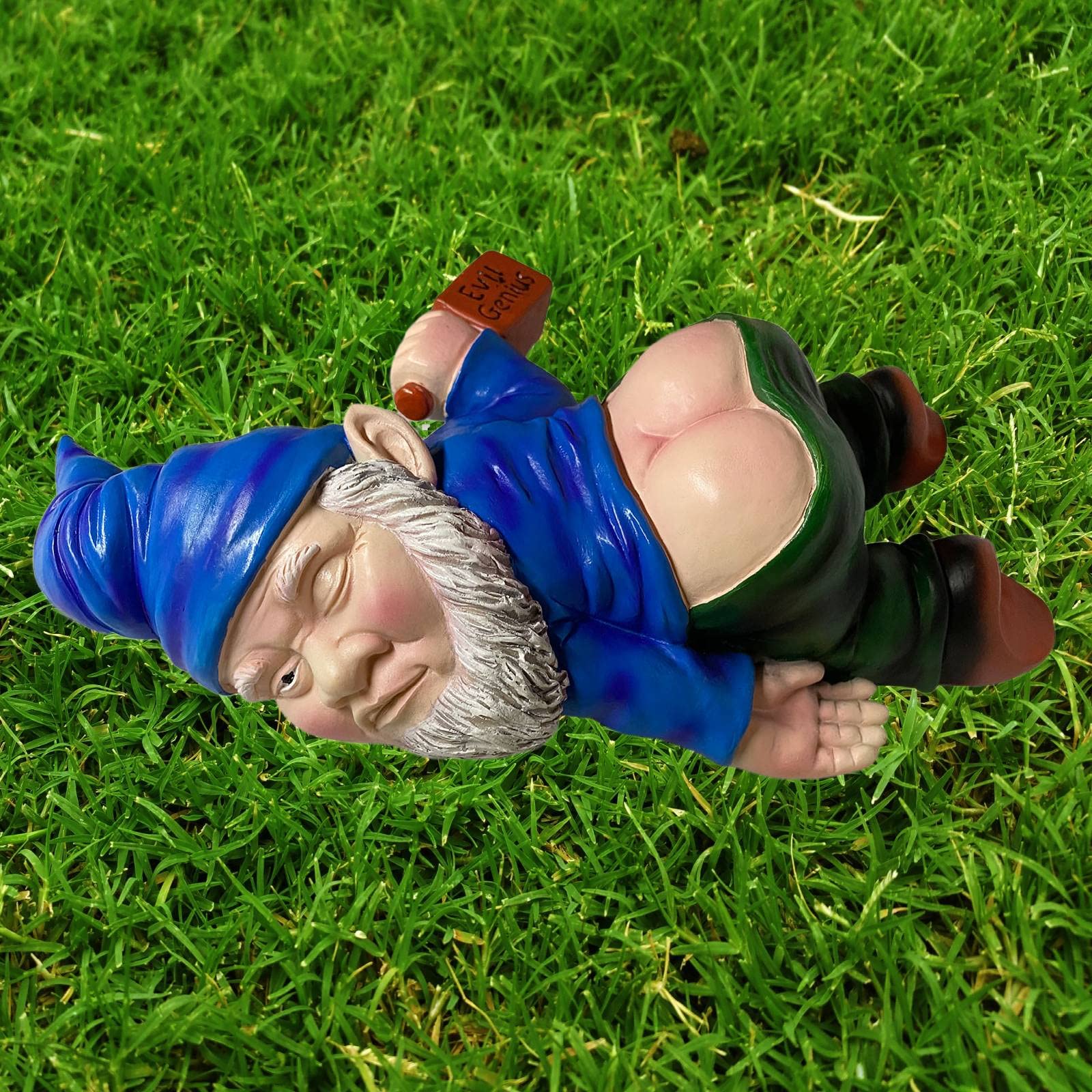 MINICAR drunk gnome with wine bottle pose for outdoor charm.