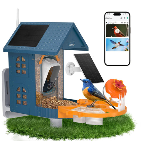 Minikey Smart Bird Feeder Cam front view delivering clear 2K HD birdwatching.