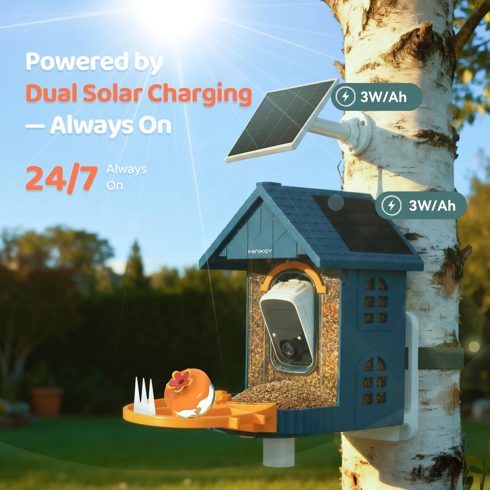 Minikey bird feeder cam side view with a wide 160° lens for expansive scenes.