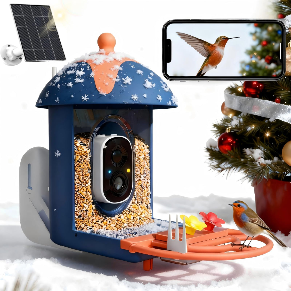 Minikey smart bird feeder camera displaying AI species IDs for 11,000+ birds