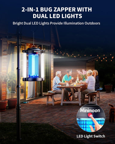 Minimoon Bug Zapper Outdoor dual LED lights in action for nighttime attraction.