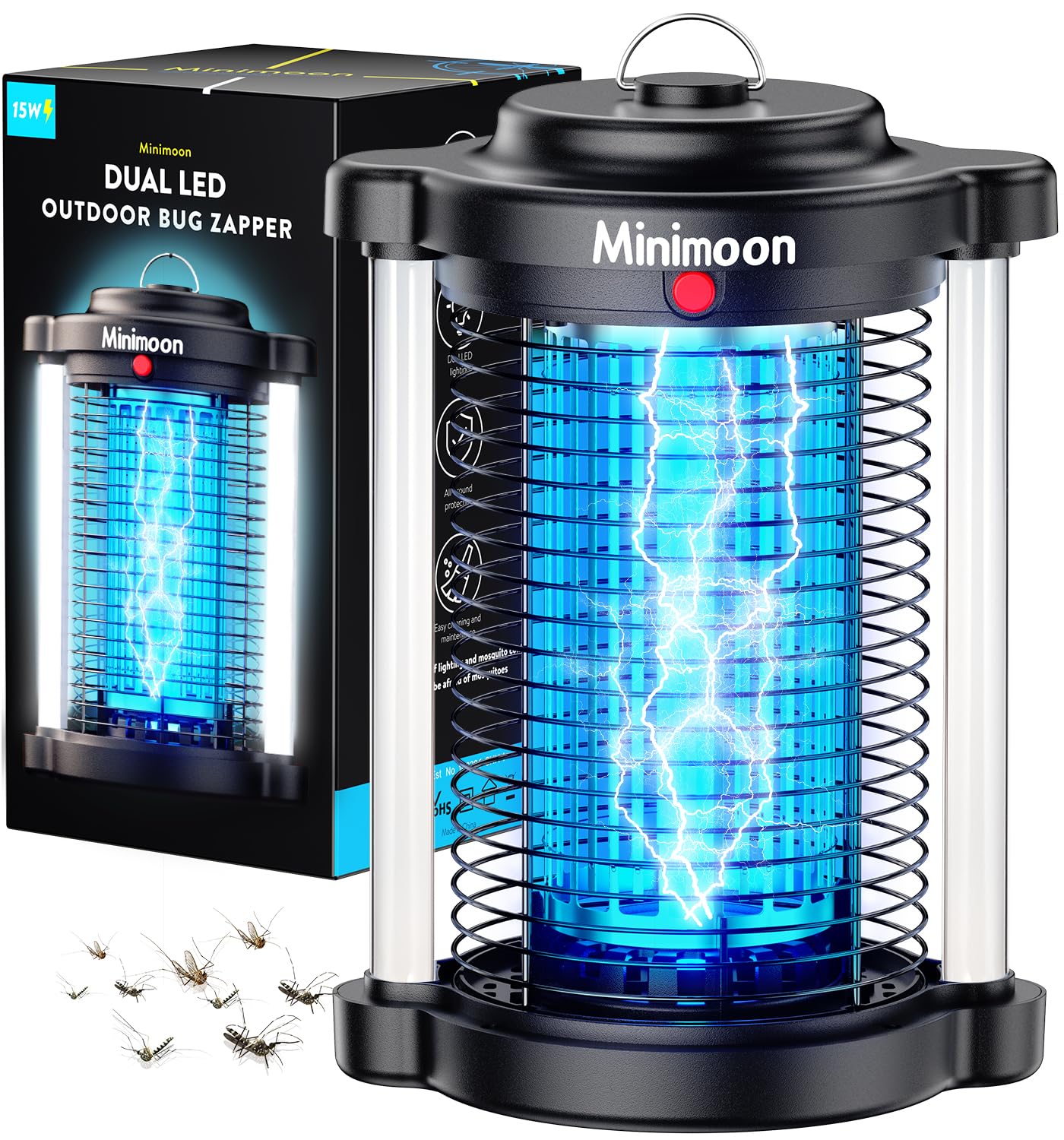 Minimoon Bug Zapper Outdoor front view with dual LED lights for nighttime attraction.