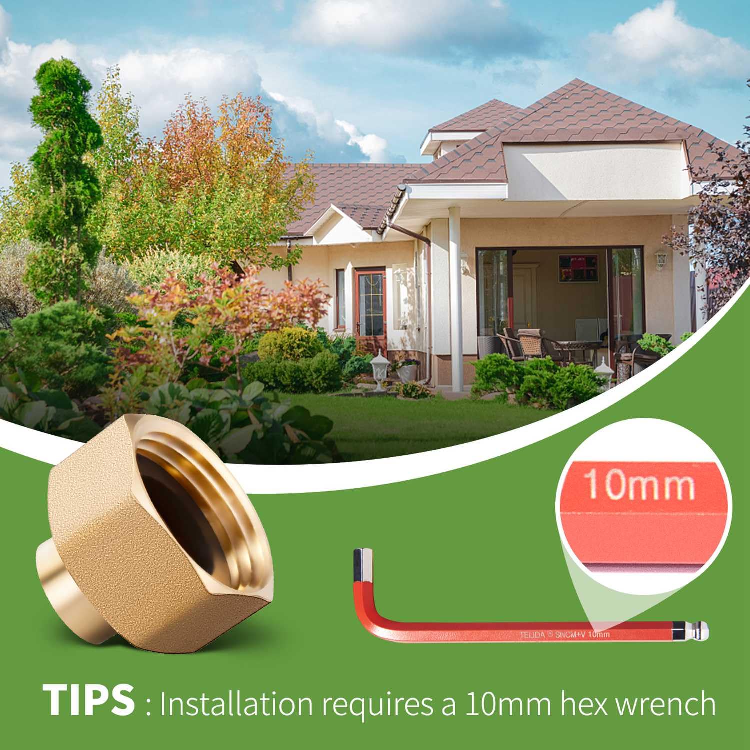 Minimprover brass adapter with silicone gasket for leak resistant garden connections.