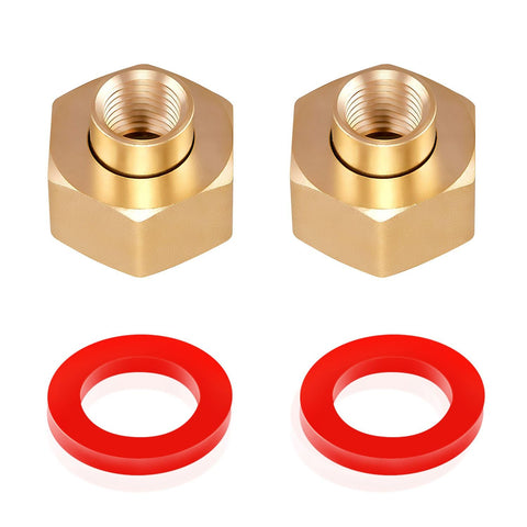 Minimprover brass swivel connector close up showing 14 npt to 34 ght for hose fittings.