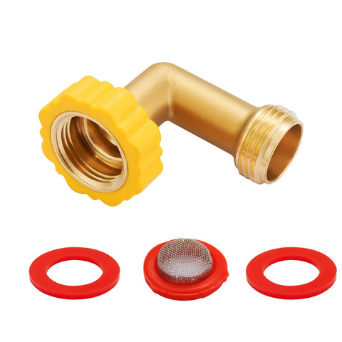 Minimprover lead-free brass 90-degree hose elbow showing a shiny durable connection for outdoor use