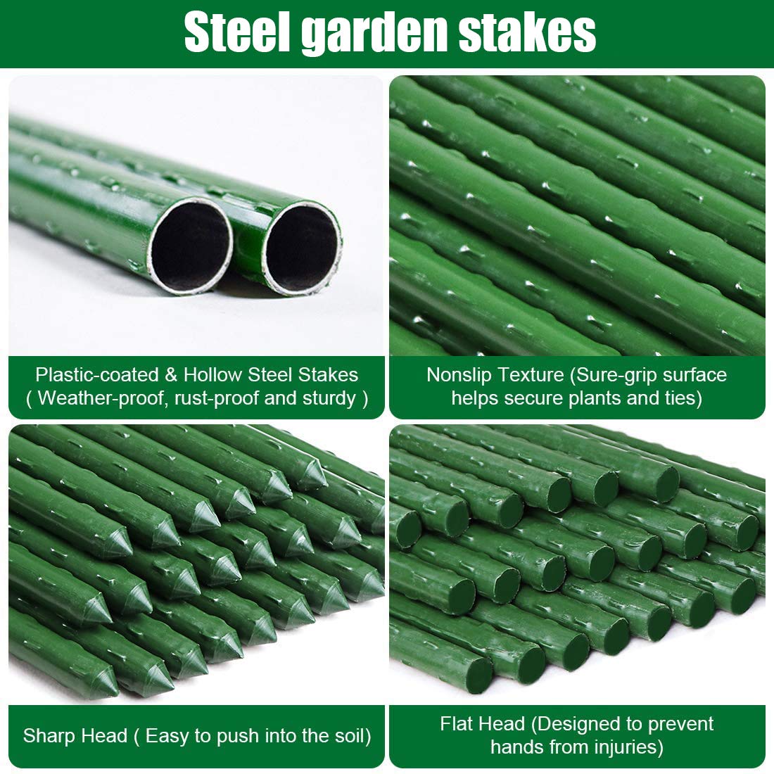 Mininfa steel garden stake's beveled end enables easy soil insertion.