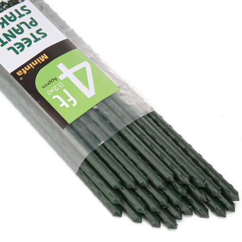 Mininfa steel garden stake with green coating provides sturdy support for tall plants.