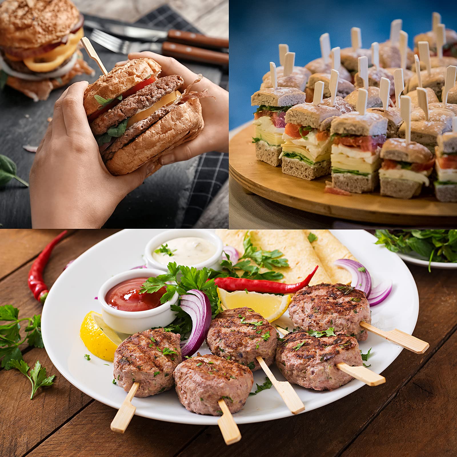 Paddle-end skewer holding bite-sized items for serving