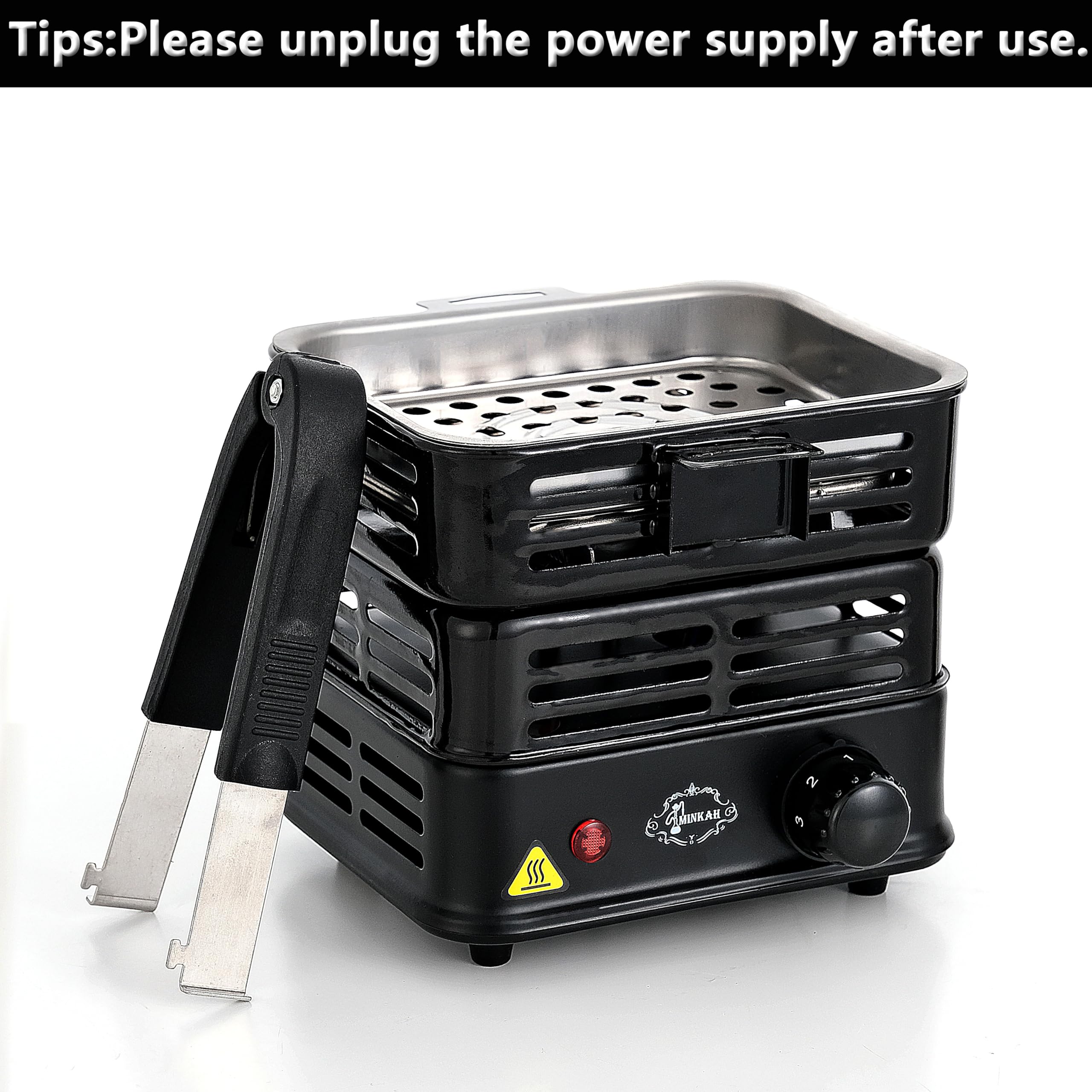 Minkah electric stove 1000W delivers quick heat for coconut charcoal lighting.