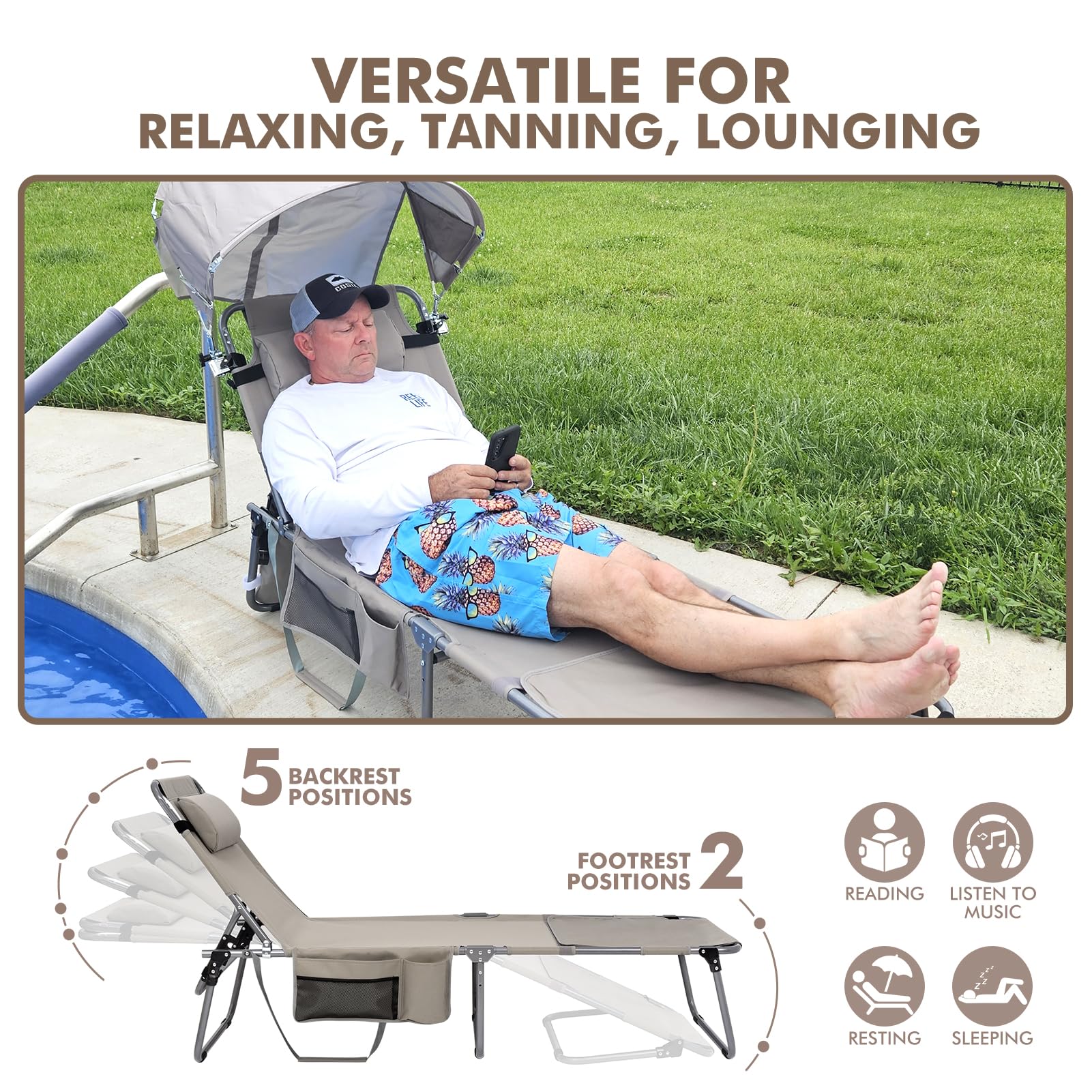 Minndudu tanning chair foldable design allows quick setup and portability.