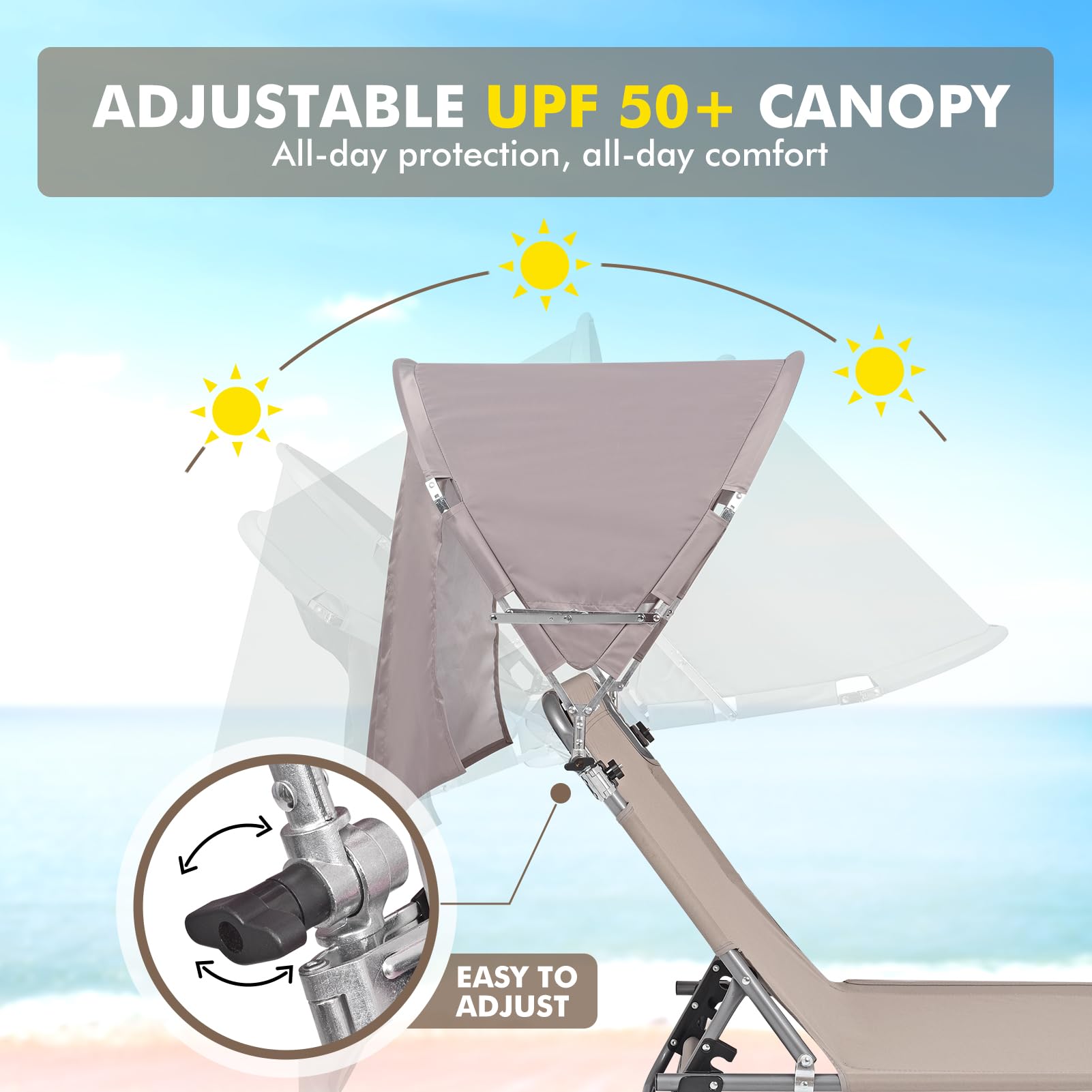 Minndudu tanning chair heavy-duty frame supports up to 300 lbs outdoors.
