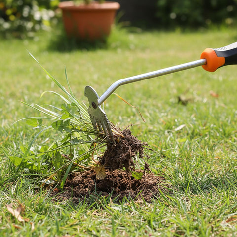 MINOVARA four-tined weeding tool designed for quick weed uprooting