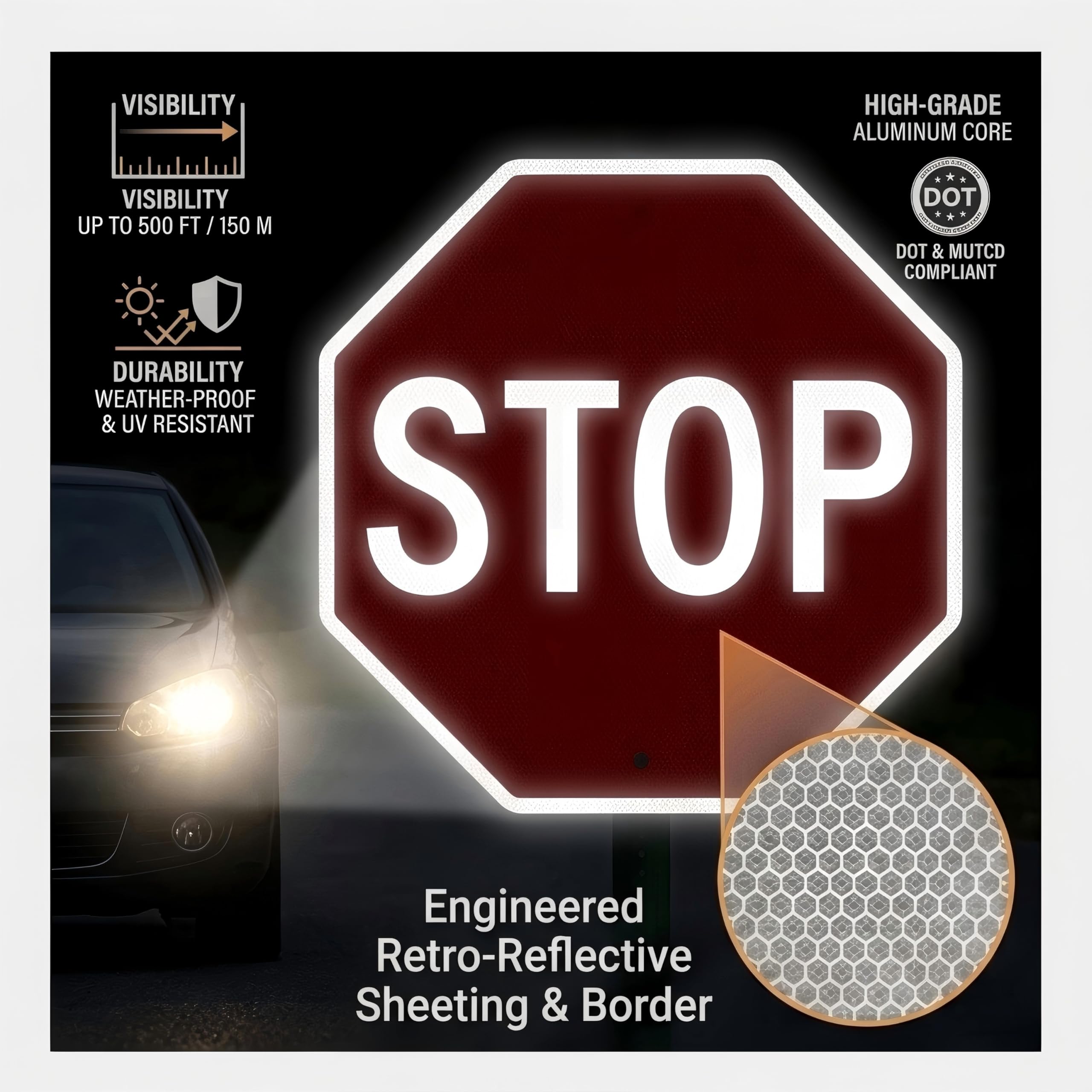 Minton stop sign features reflective film for bright night visibility.