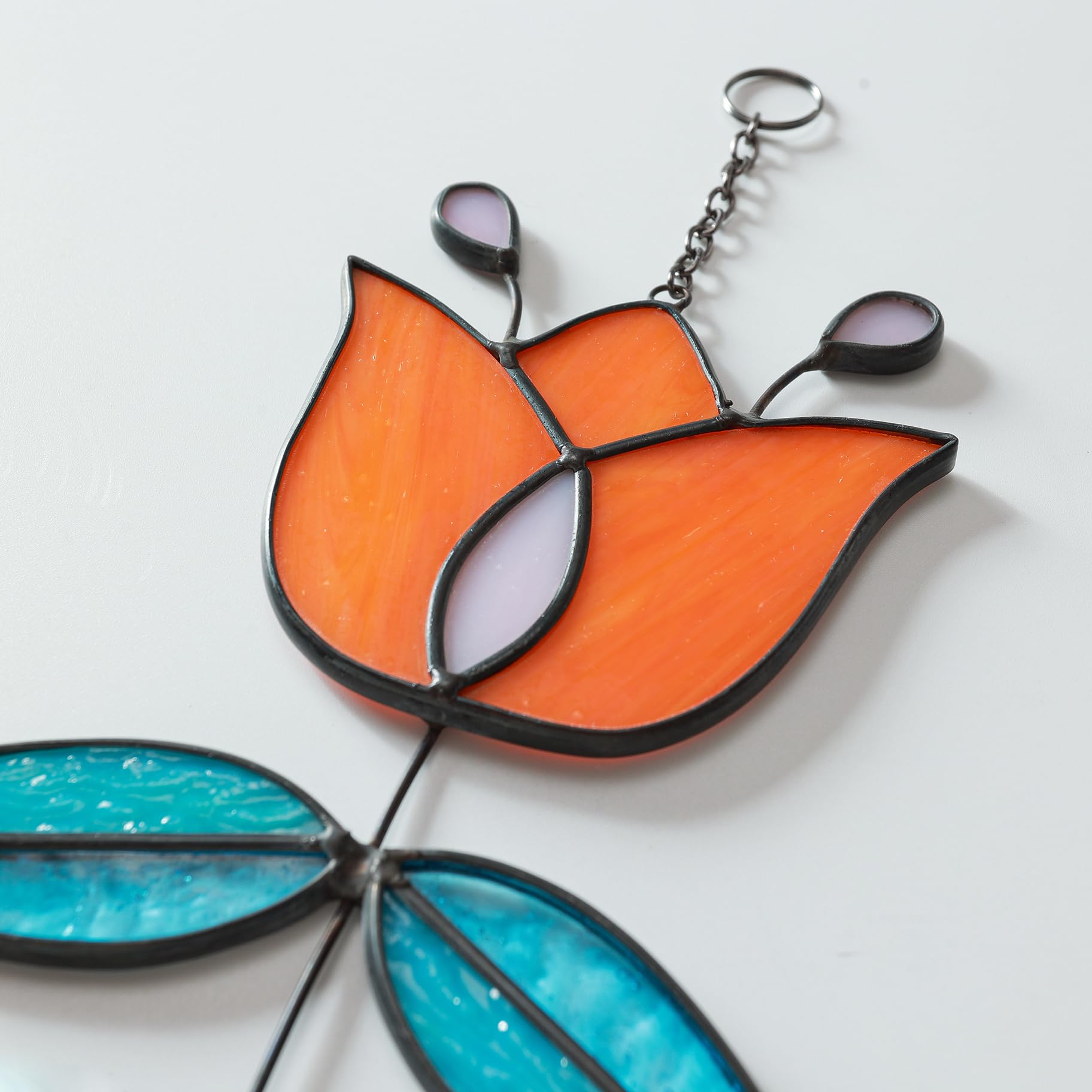 MintyWiz Coral Tulip suncatcher closeup showing textured glass and opalescent tones