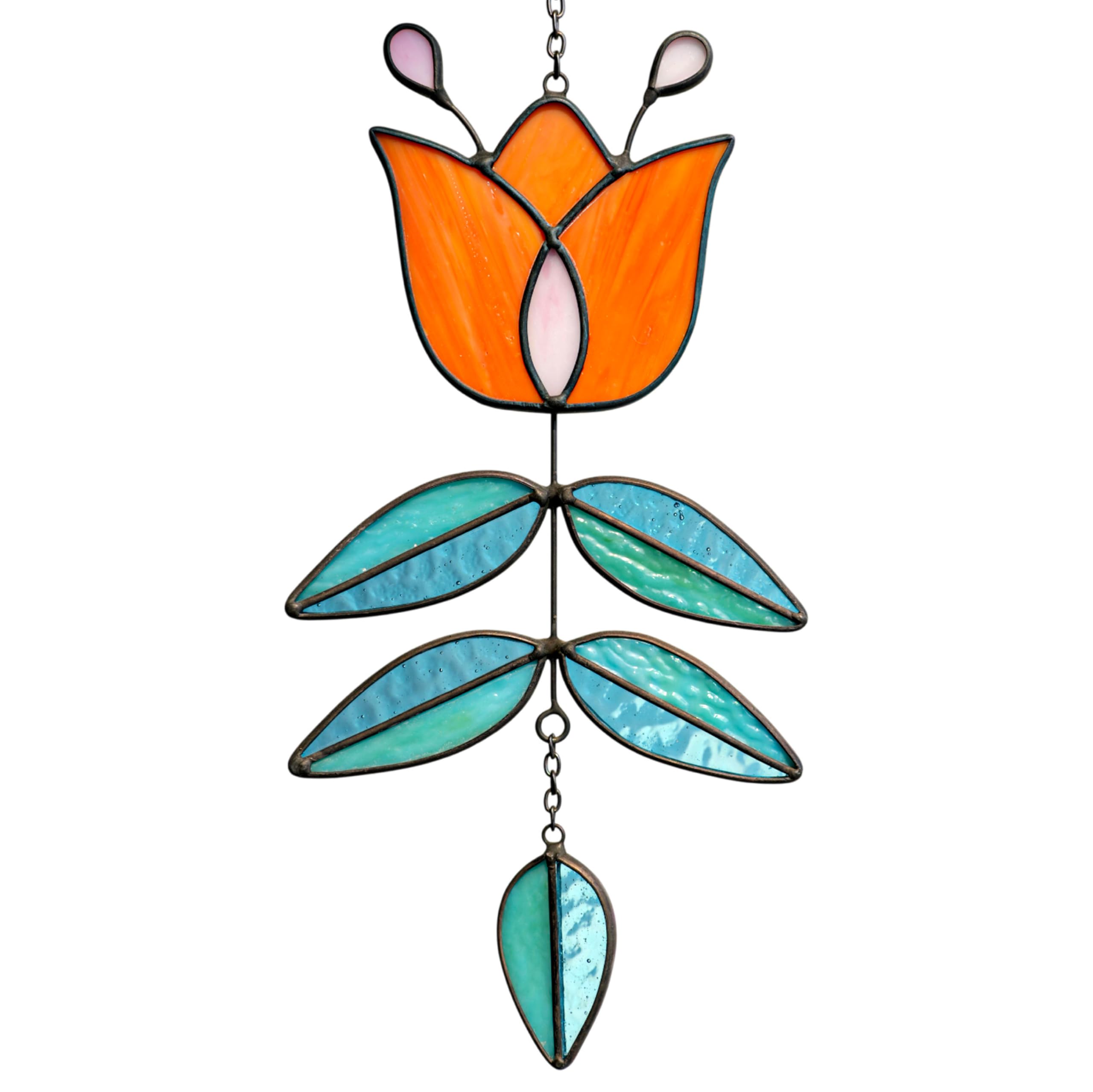 MintyWiz Coral Tulip suncatcher front view with vibrant stained glass brightening windows