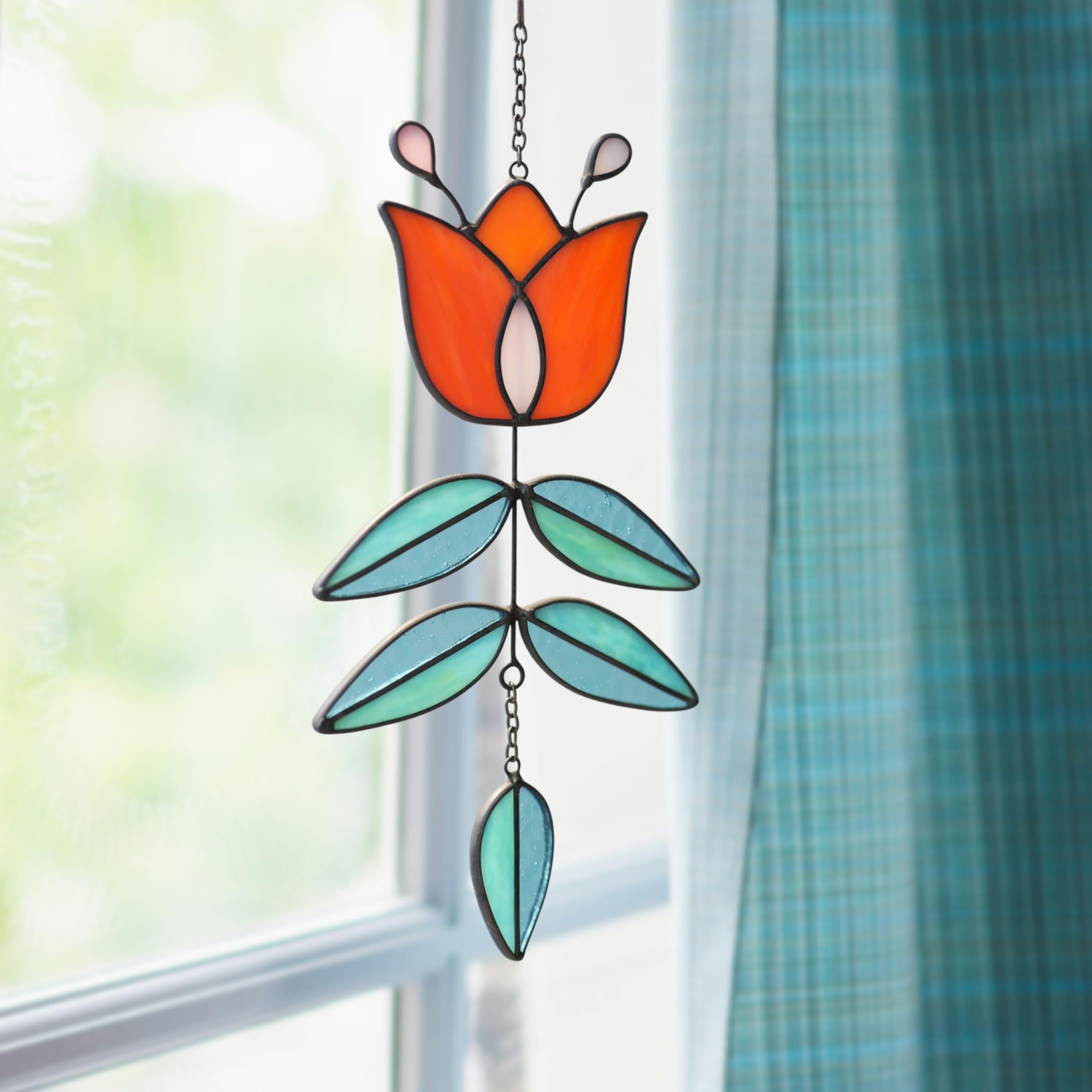MintyWiz Coral Tulip suncatcher in-window glow showcasing sun-drenched color play