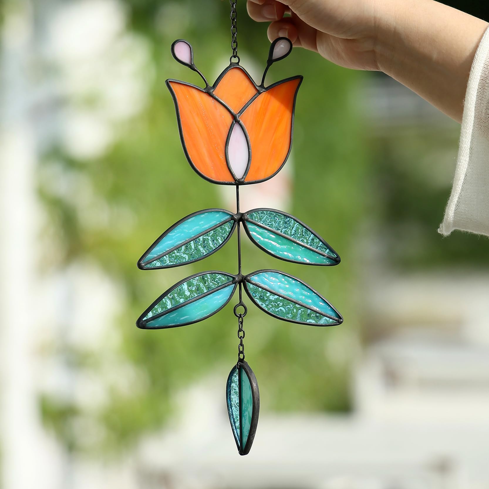 MintyWiz Coral Tulip suncatcher display-ready in sunny window