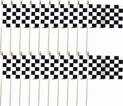 Minvoole checkered flag 5x8 inch on a wooden stick, ideal handheld race décor.
