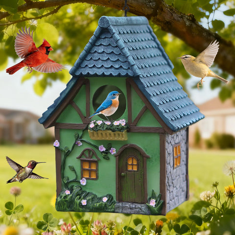 MINWOLF outdoor green resin bird house with cottage styling for garden use