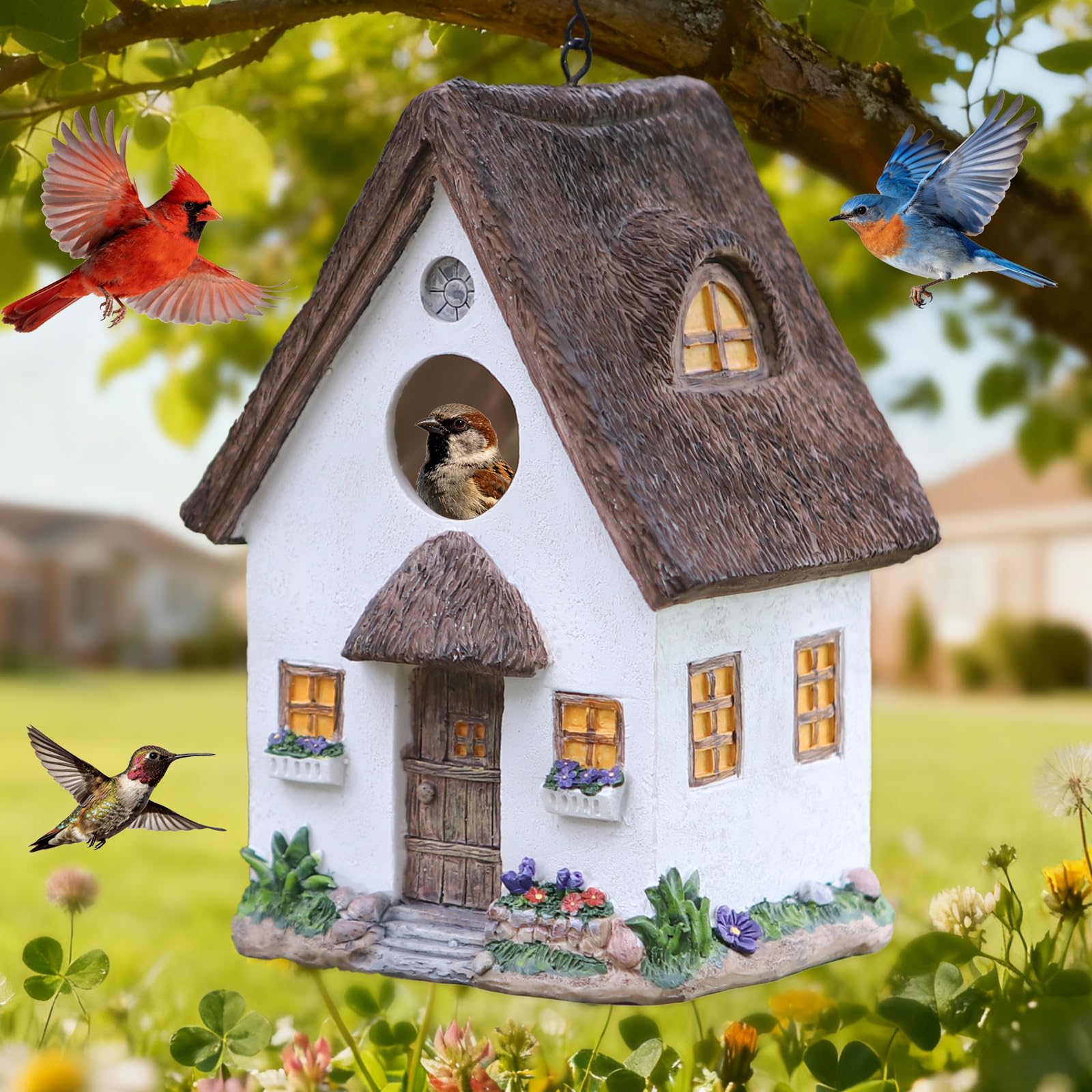 MINWOLF outdoor bird house with thatched roof adds rustic charm and nesting shelter