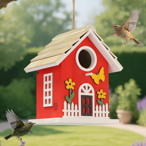 MINWOLF garden hanging bird house invites bluebirds and warblers.
