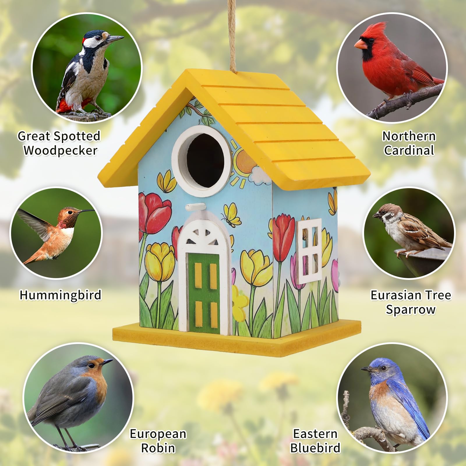 MINWOLF handmade tulip painted bird house for garden decor