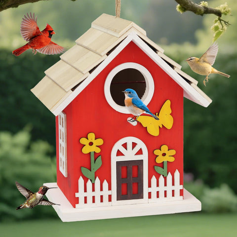 MINWOLF red wooden bird house outdoors hanging with rope for garden shelter.