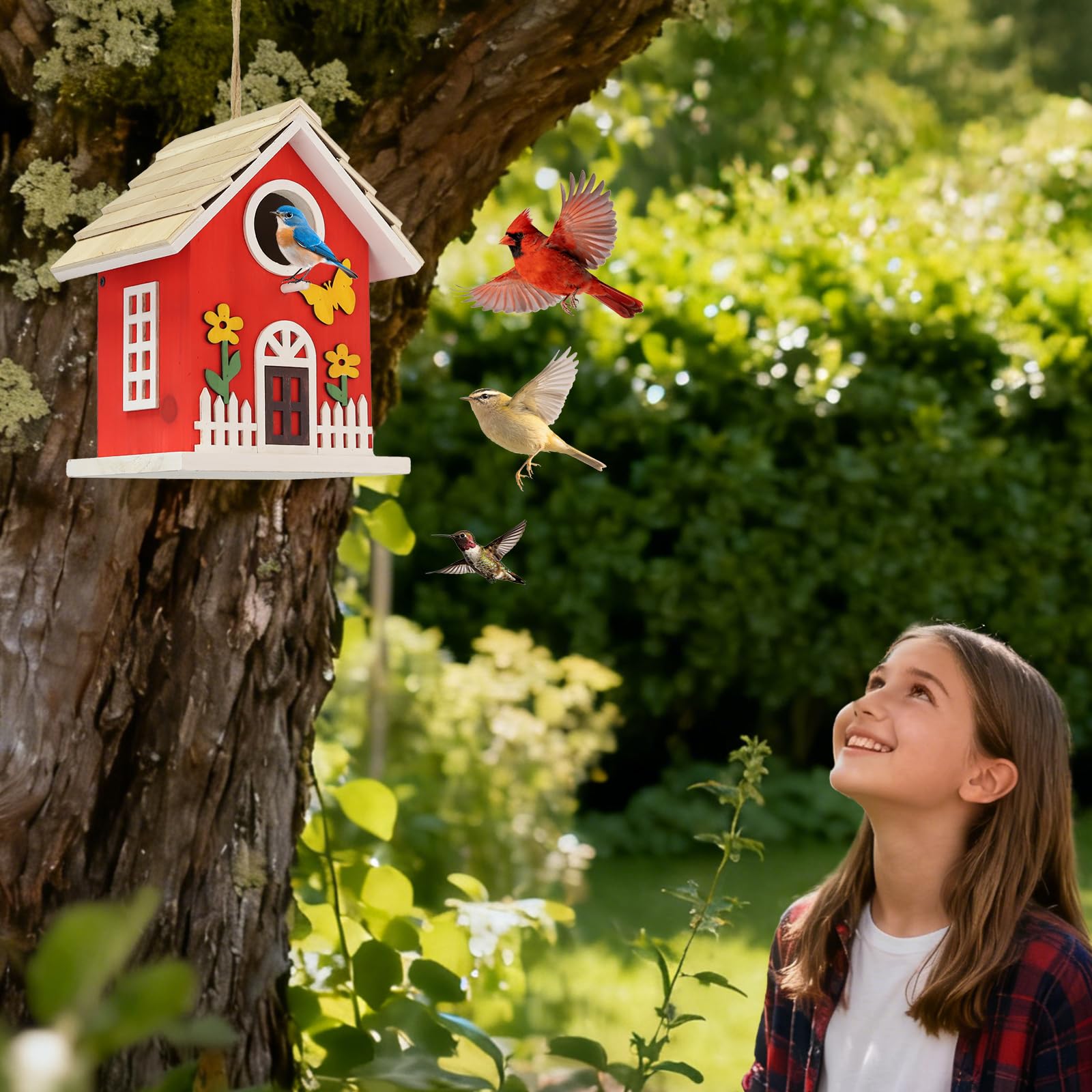 MINWOLF weatherproof bird house withstands rain and sun for year round use.