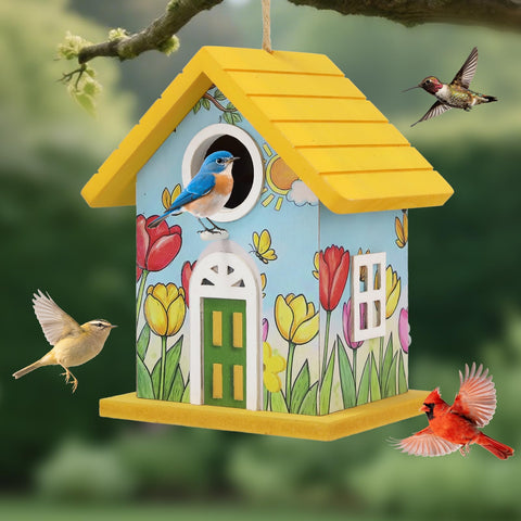 MINWOLF wooden bird house with yellow exterior in outdoor garden