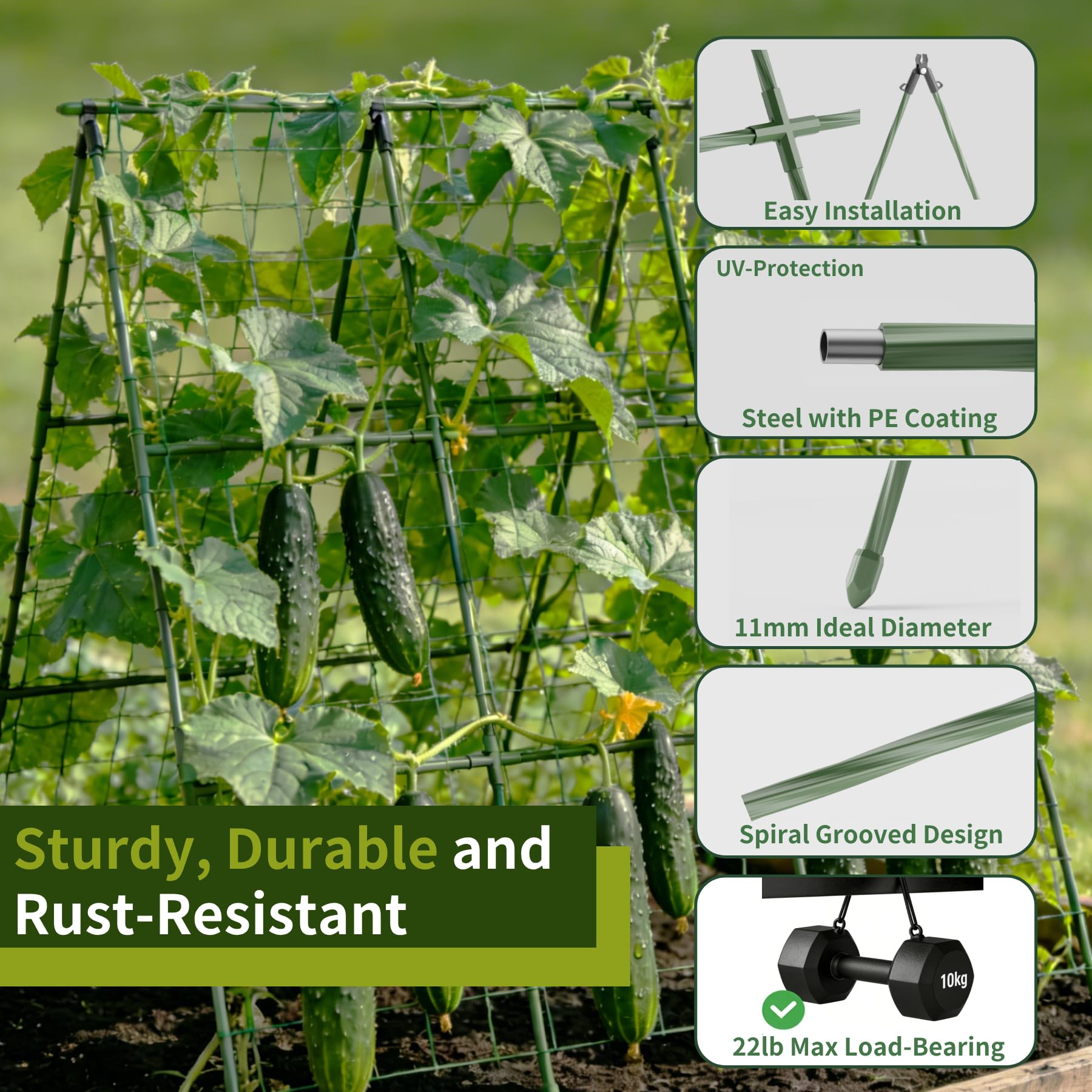 Miory cucumber trellis spike legs anchor into soil for lasting stability.