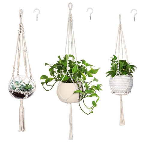 MIPON 46-inch ivory macrame plant hanger displaying a large pot in a living room