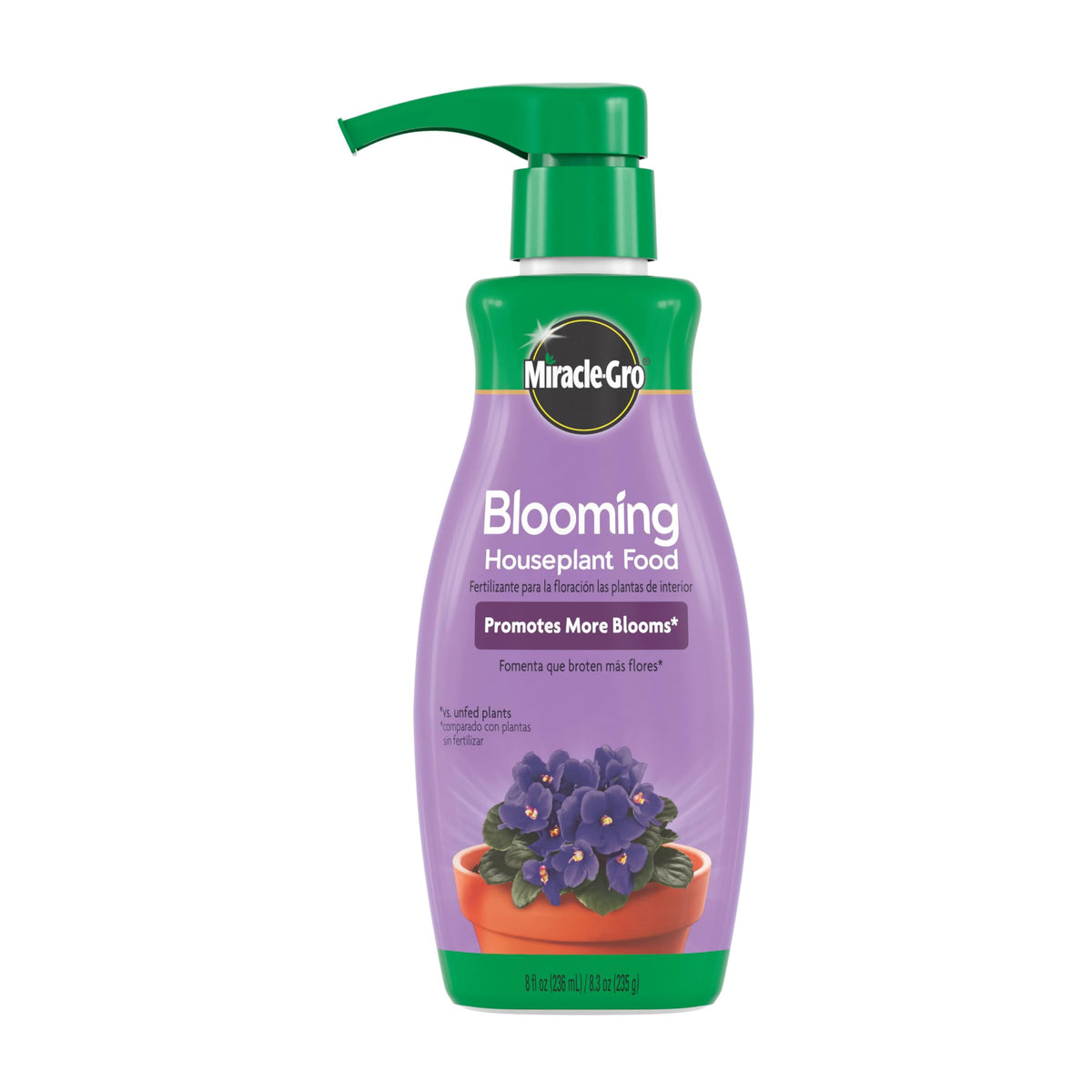 Miracle-Gro Blooming Houseplant Food bottle pour shows simple direct-to-soil feeding for vibrant blooms.