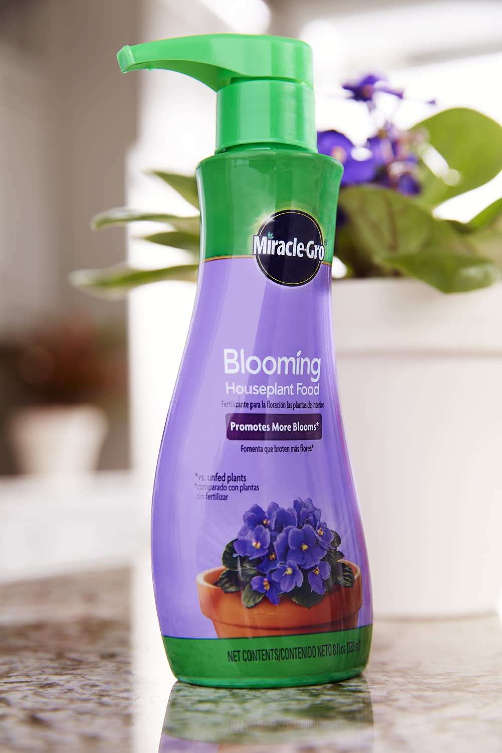 Pouring Miracle-Gro Blooming Houseplant Food to water for instant feeding
