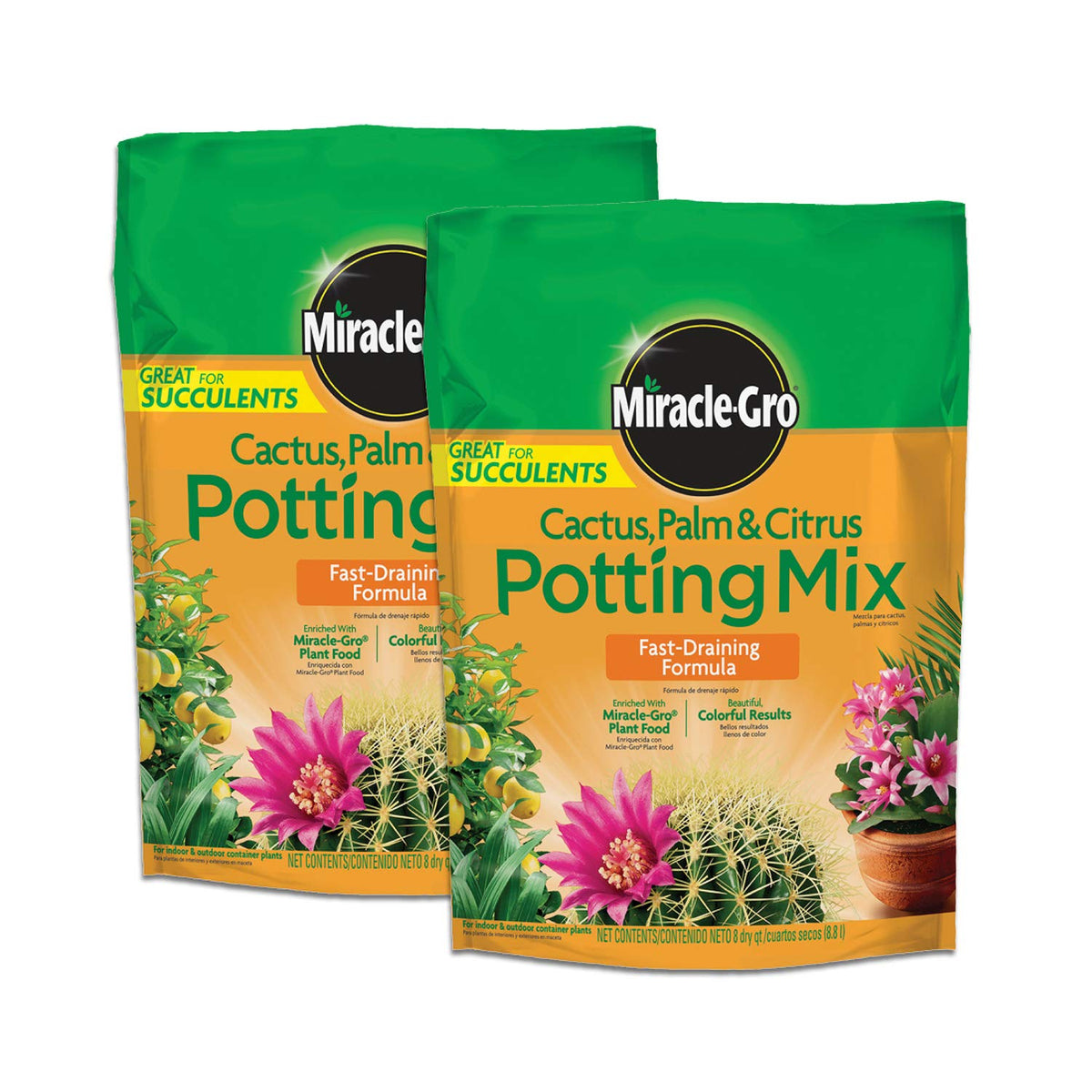 Miracle-Gro Cactus-Palm-Citrus Potting Mix bags front, ideal for versatile container gardening.