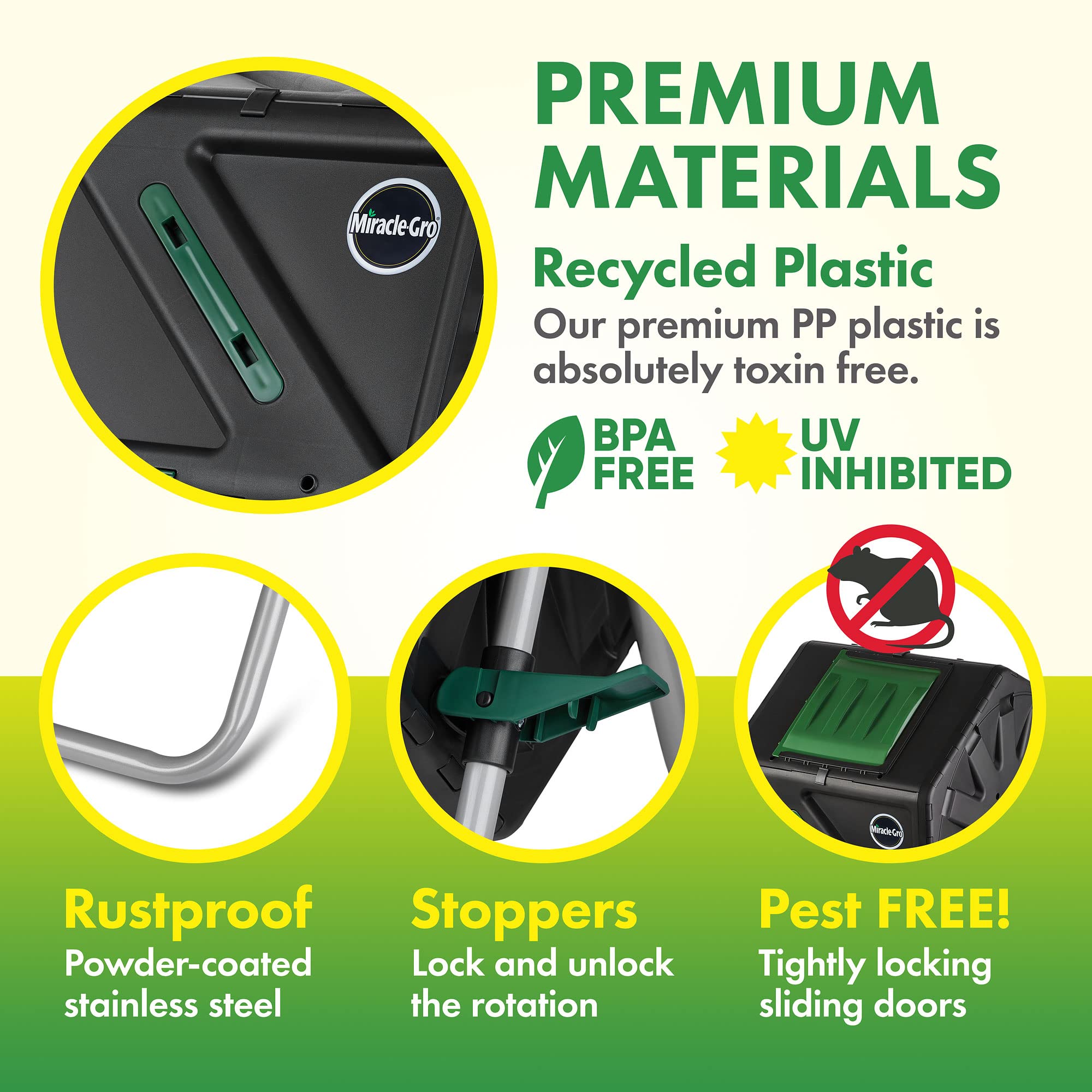 Miracle-Gro compost tumbler BPA-free plastic for safe, durable composting.
