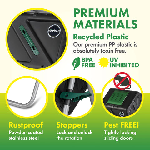 Miracle-Gro compost tumbler BPA-free plastic for safe, durable composting.