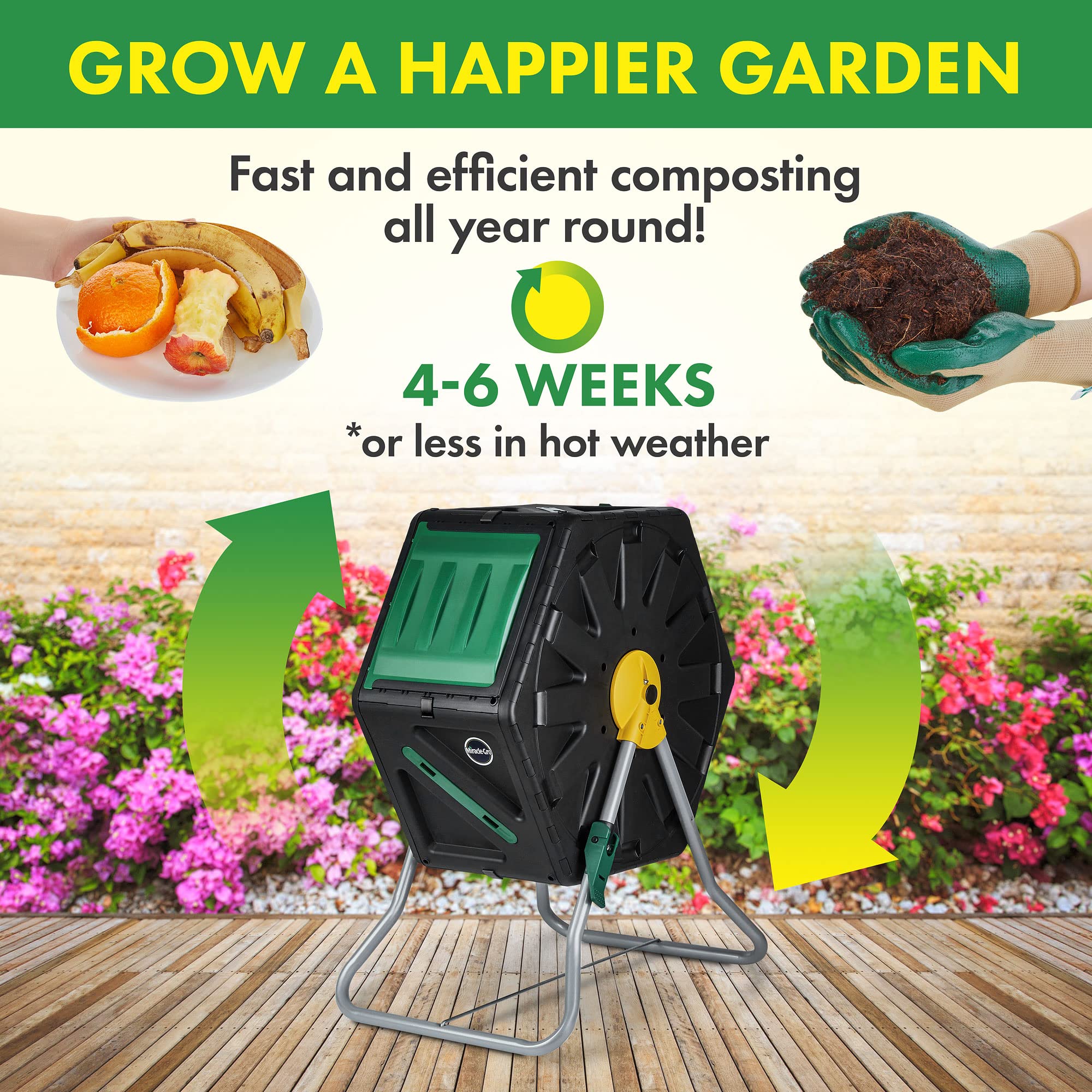 Miracle-Gro compost tumbler includes gloves for easier setup.