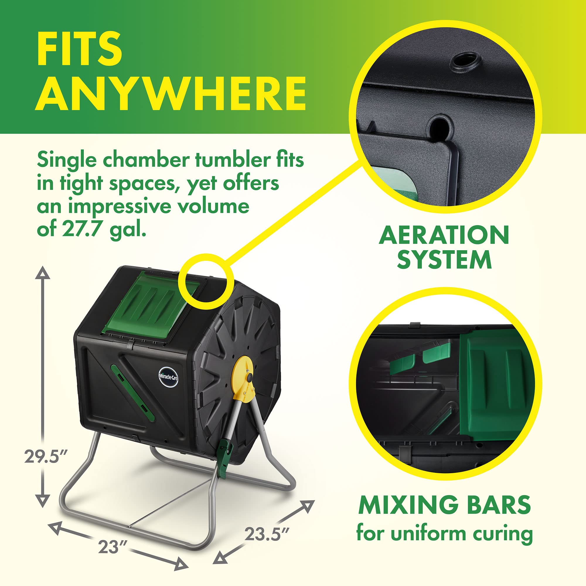 Miracle-Gro compost tumbler heavy-duty base ensures stability outdoors.