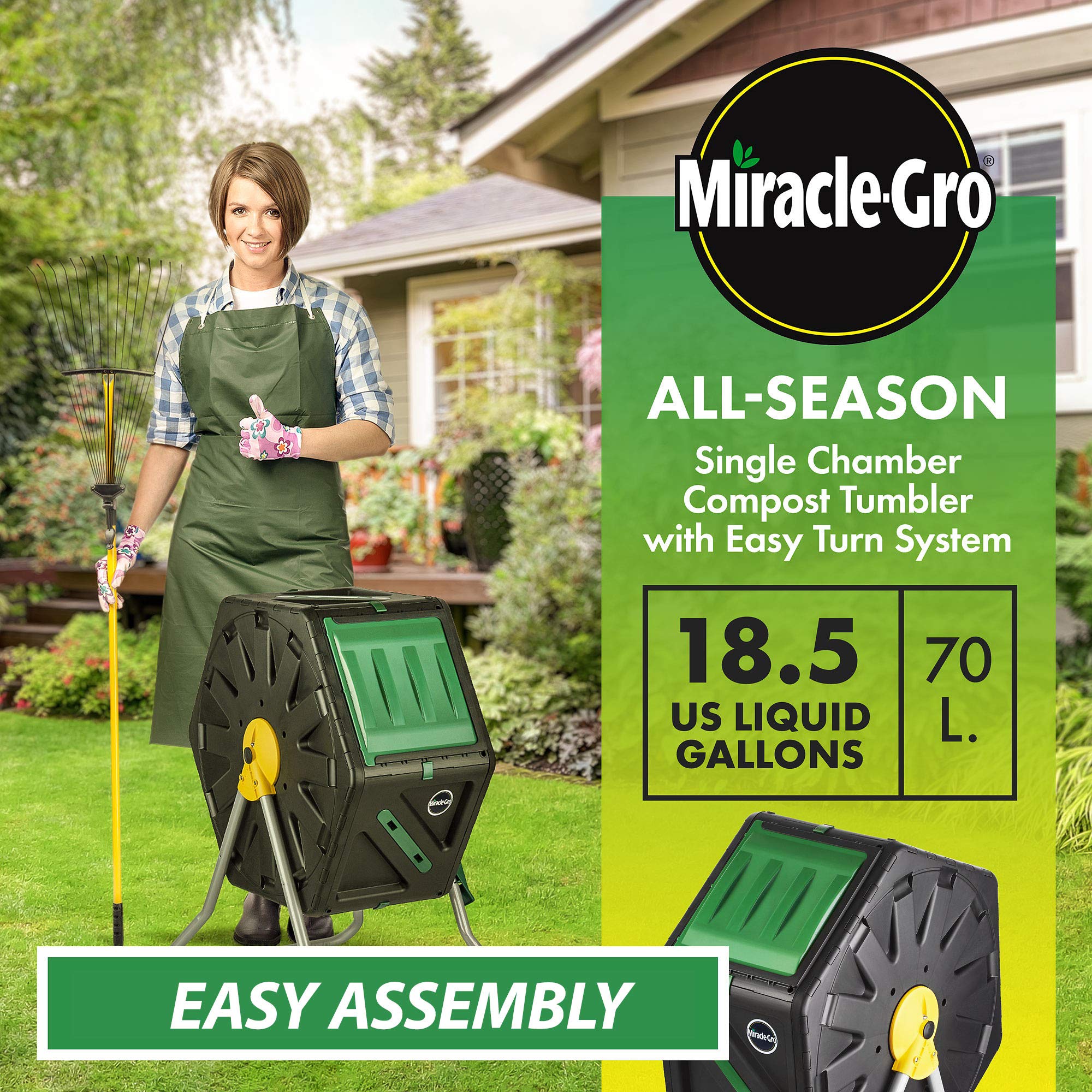 Miracle-Gro 18.5-gallon tumbler with rolling design for convenient outdoor use.