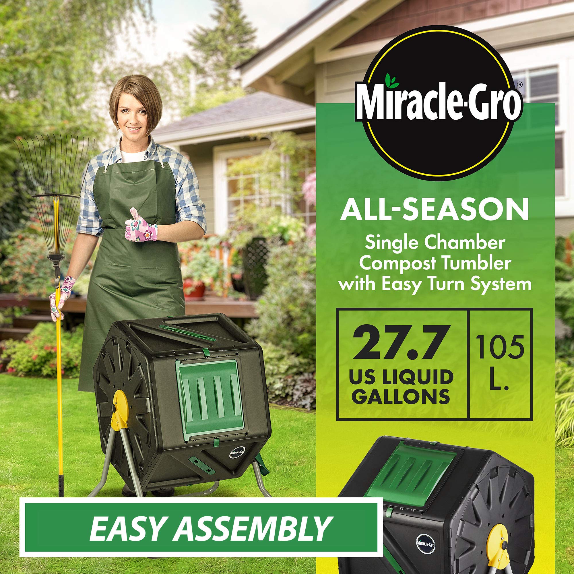 Miracle-Gro compost tumbler rolling design for effortless aeration during composting.