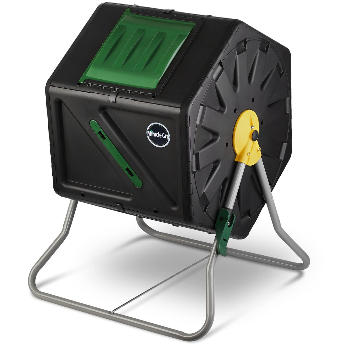 Miracle-Gro compost tumbler single-chamber for easy, continuous turning in the yard.