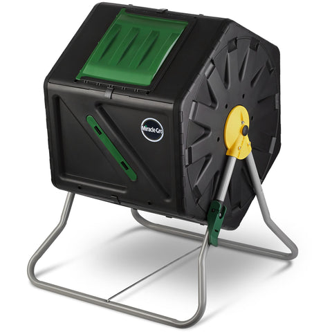Miracle-Gro compost tumbler single-chamber for easy, continuous turning in the yard.