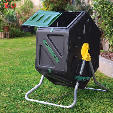 Miracle-Gro compost tumbler with sliding door for easy loading and emptying.