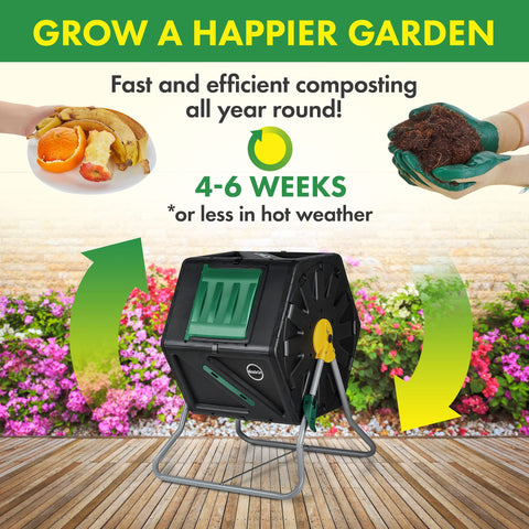 Miracle-Gro compost tumbler sliding door for quick access to finished compost.