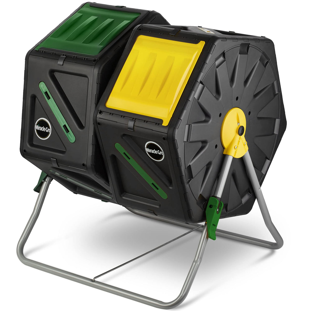 Miracle-Gro dual-chamber tumbler front view for continuous composting with two rotating sides
