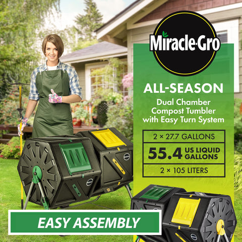 Easy-turn compost bin handles enable quick loading and mixing with Miracle-Gro tumbler.