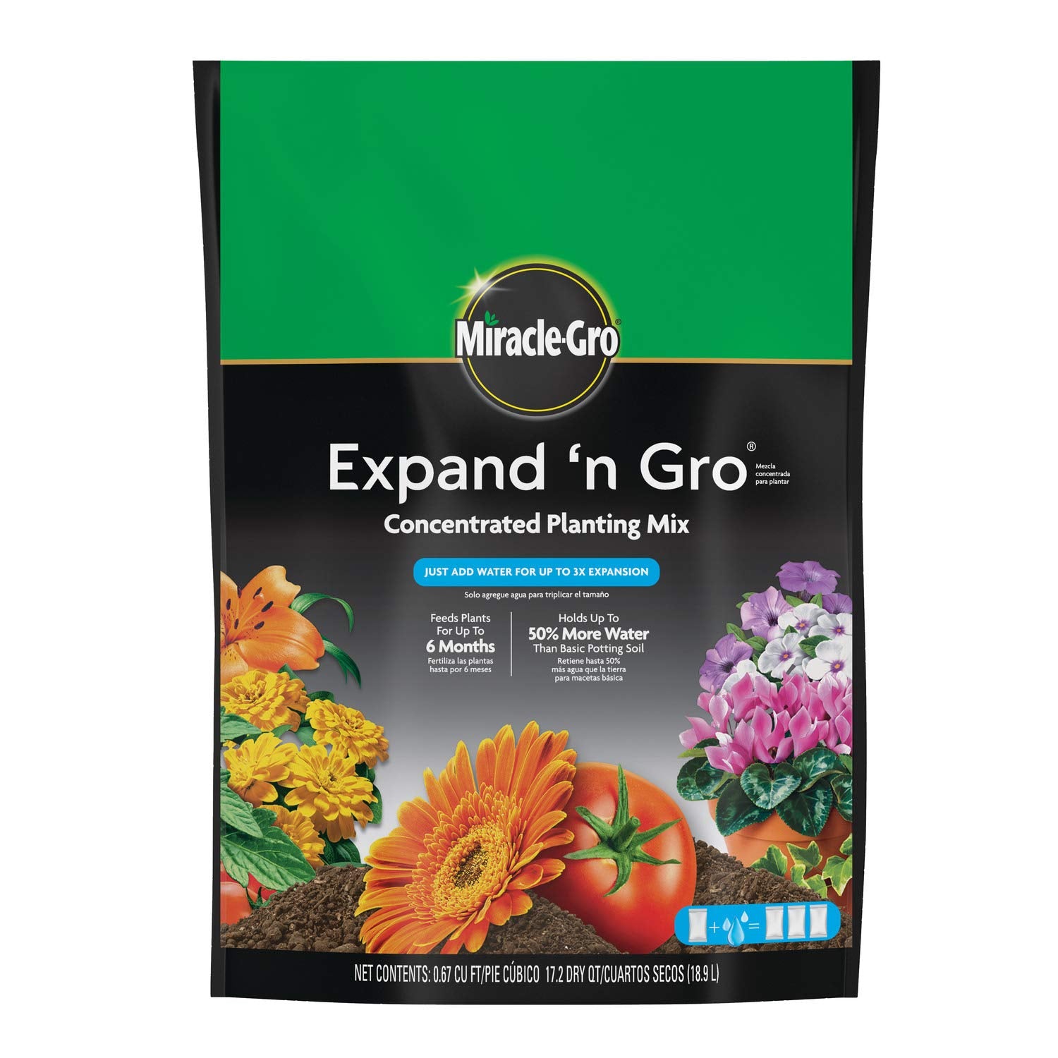 Miracle-Gro Expand 'n Gro bag open, water-activation ready to nourish thriving roots.
