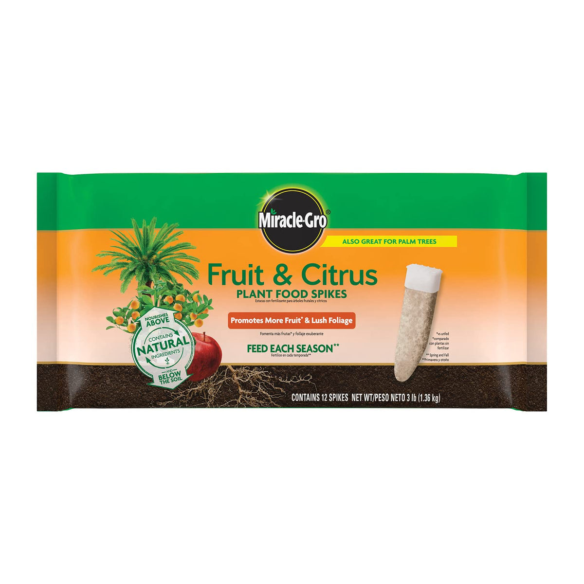 Miracle-Gro Fruit & Citrus Spikes packaging demonstrates easy tree feeding for home gardens.